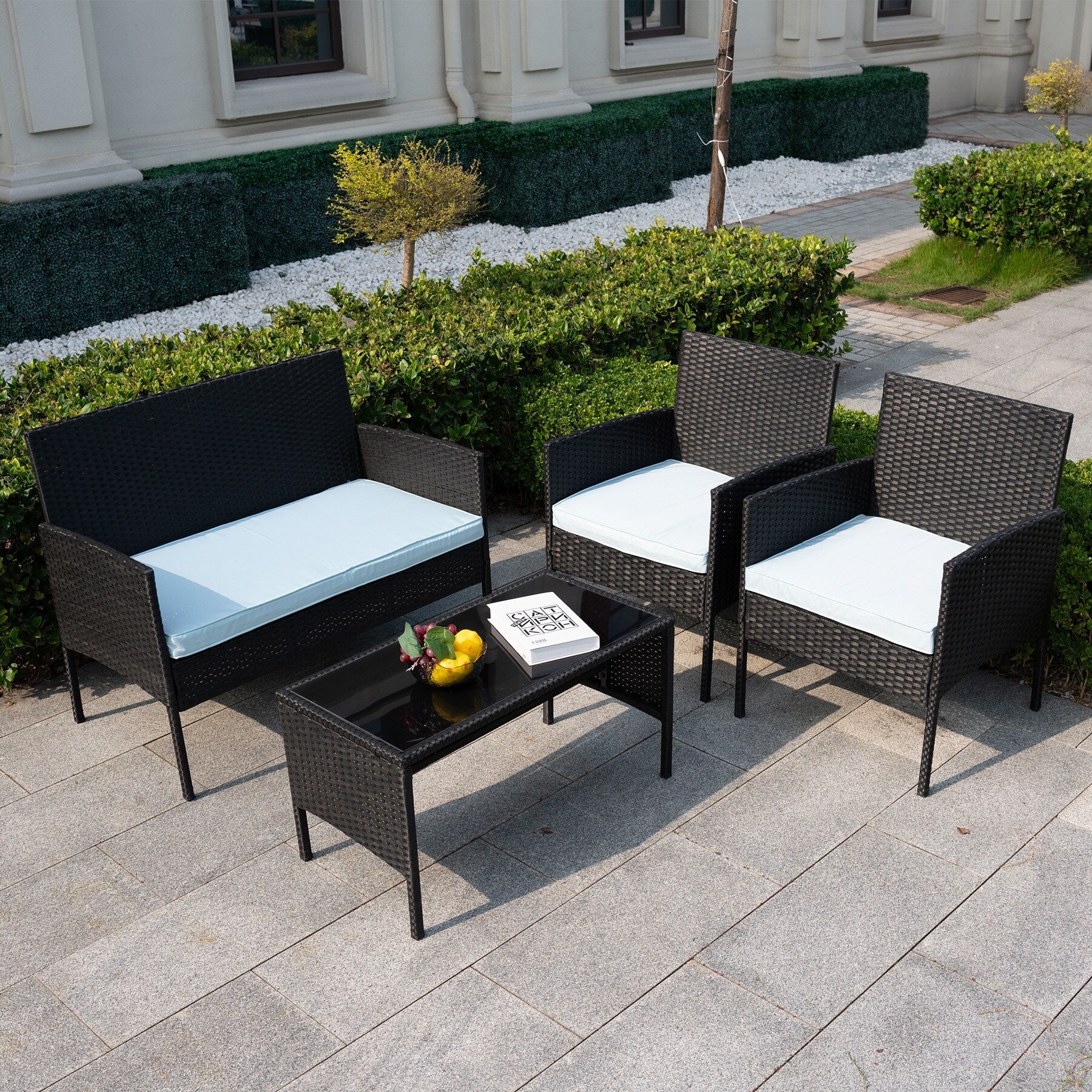 Ensemble de 4 meubles de jardin en osier, sectionnels et en rotin, avec coussins, pour jardin