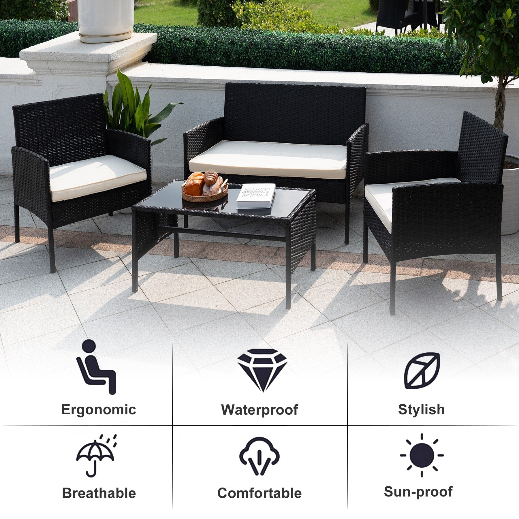 Ensemble de 4 meubles de jardin en osier, sectionnels et en rotin, avec coussins, pour jardin