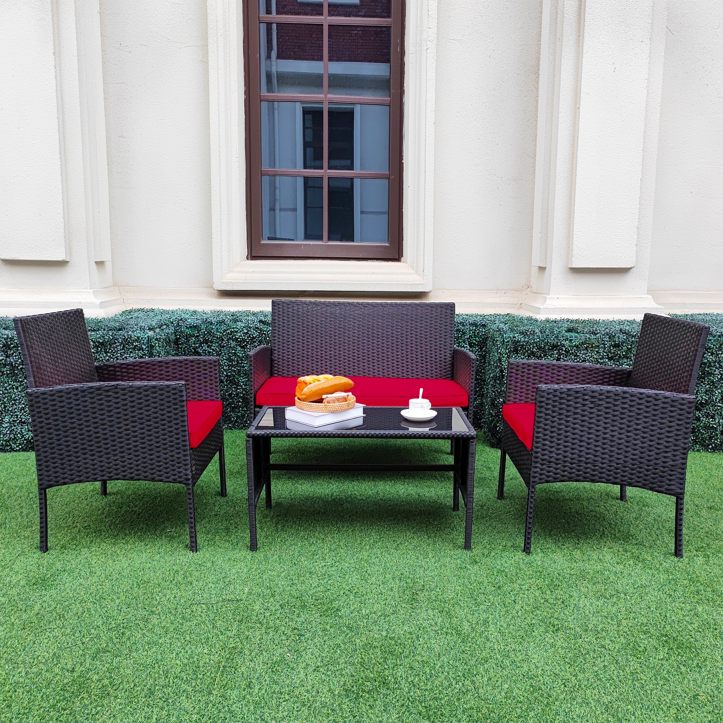 Ensemble de 4 meubles de jardin en osier, sectionnels et en rotin, avec coussins, pour jardin