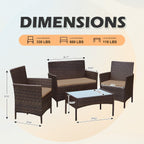 Ensemble de meubles de jardin 4 pièces avec coussins, salon de jardin en osier et table basse en verre
