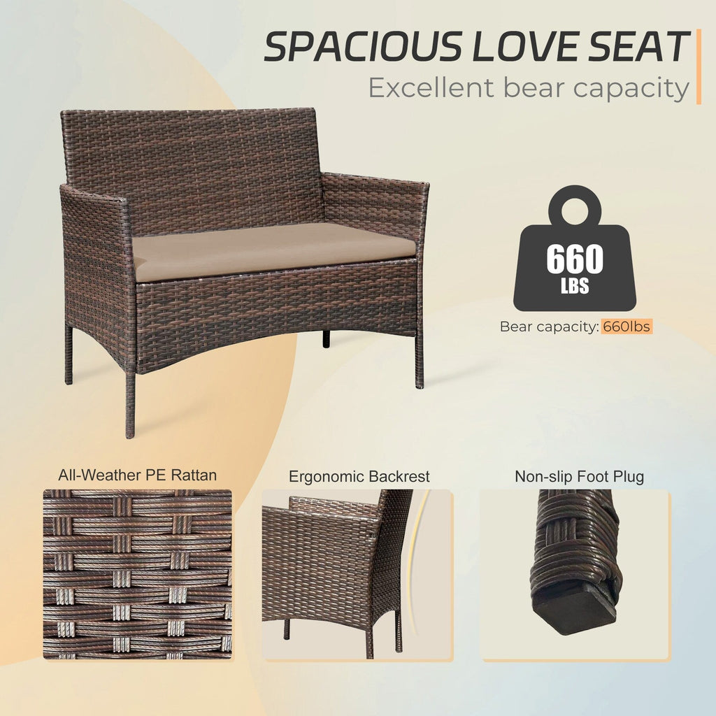 Ensemble de meubles de jardin 4 pièces avec coussins, salon de jardin en osier et table basse en verre