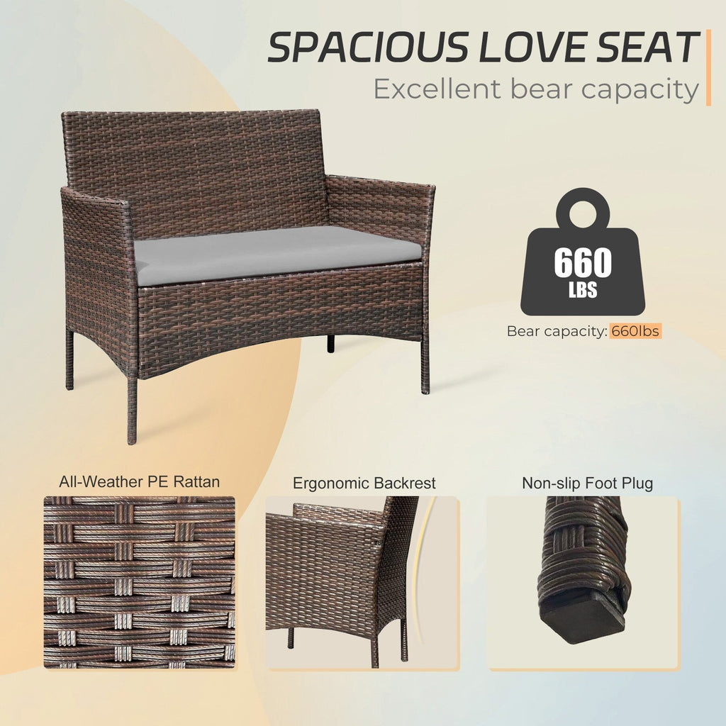 Ensemble de meubles de jardin 4 pièces avec coussins, salon de jardin en osier et table basse en verre