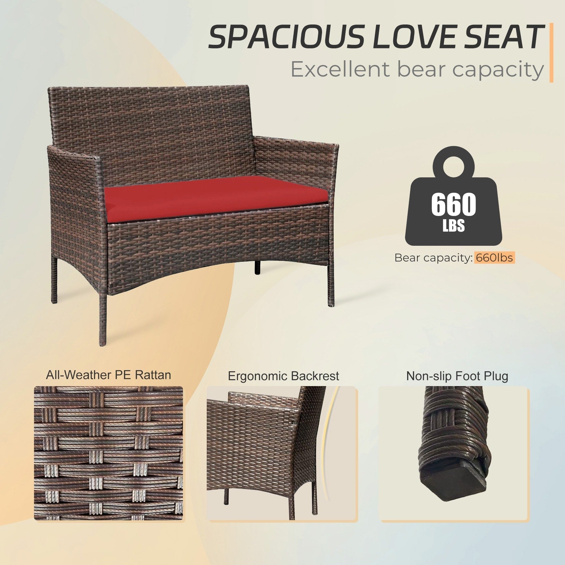 Ensemble de meubles de jardin 4 pièces avec coussins, salon de jardin en osier et table basse en verre