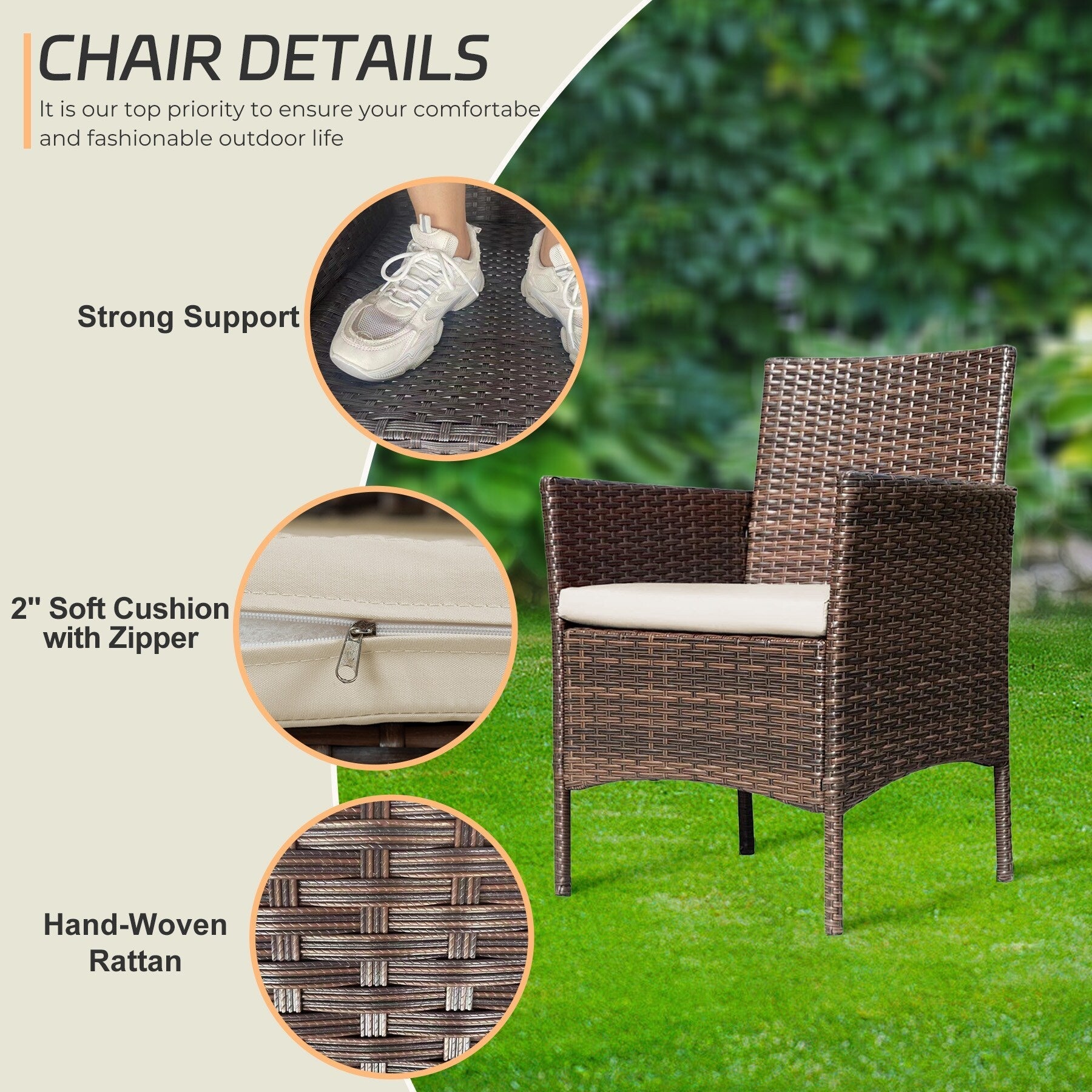 Ensemble de meubles de jardin 4 pièces avec coussins, salon de jardin en osier et table basse en verre