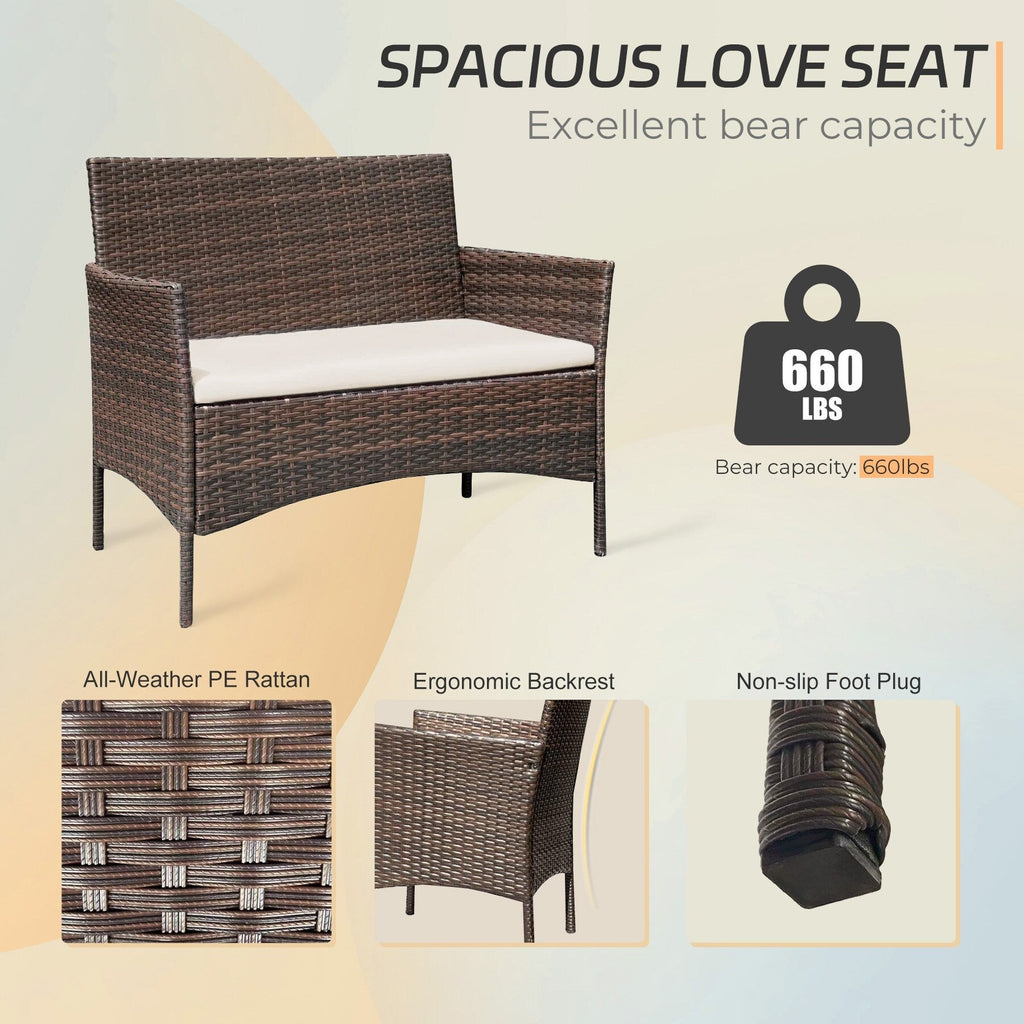 Ensemble de meubles de jardin 4 pièces avec coussins, salon de jardin en osier et table basse en verre