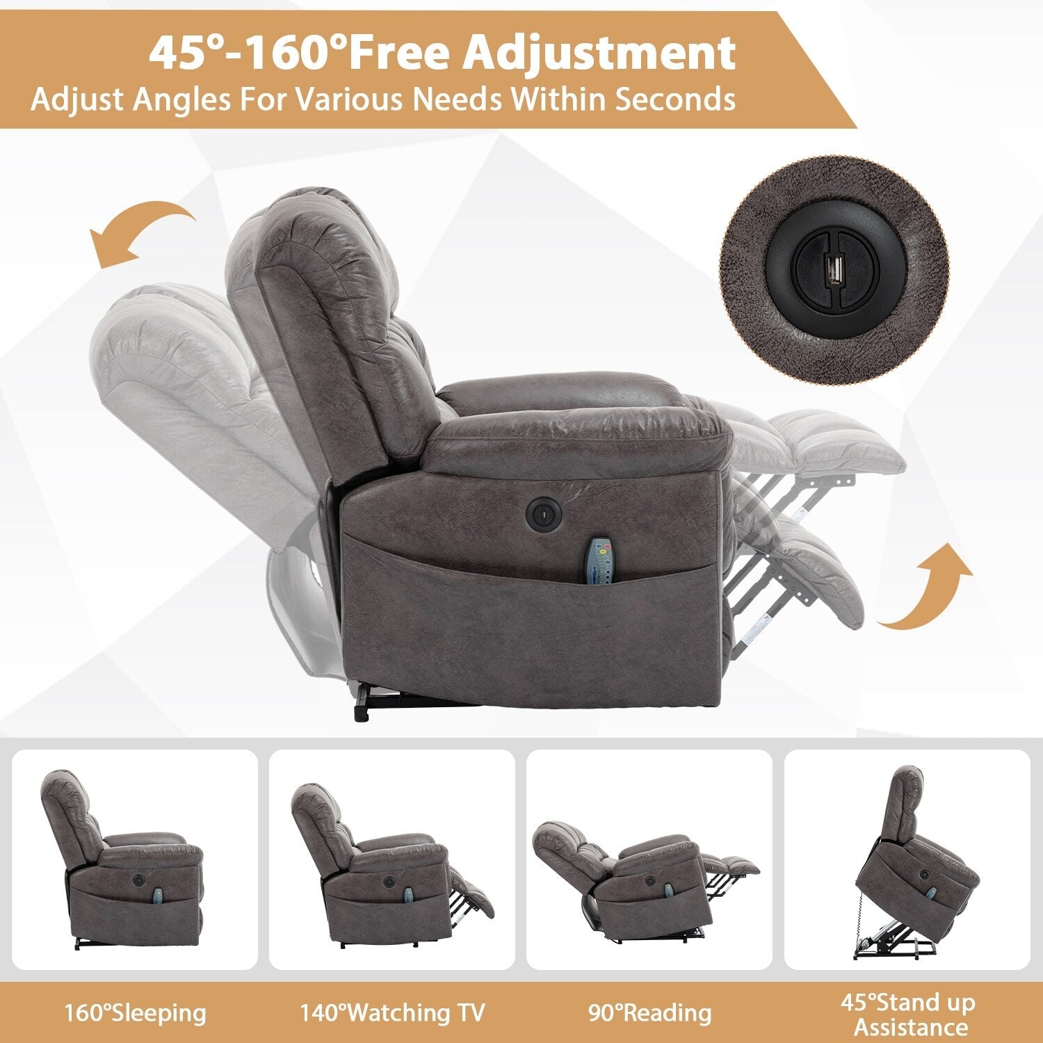 Fauteuil inclinable électrique surdimensionné de 42 po de large avec massage et chauffage