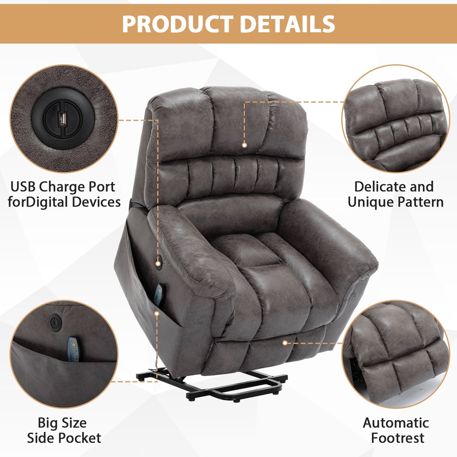 Fauteuil inclinable électrique surdimensionné de 42 po de large avec massage et chauffage