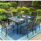 Ensemble de salle à manger de patio 7 pièces avec revêtement en métal E-coating, comprenant 6 chaises à dossier amélioré et une table en métal avec trou pour parasol