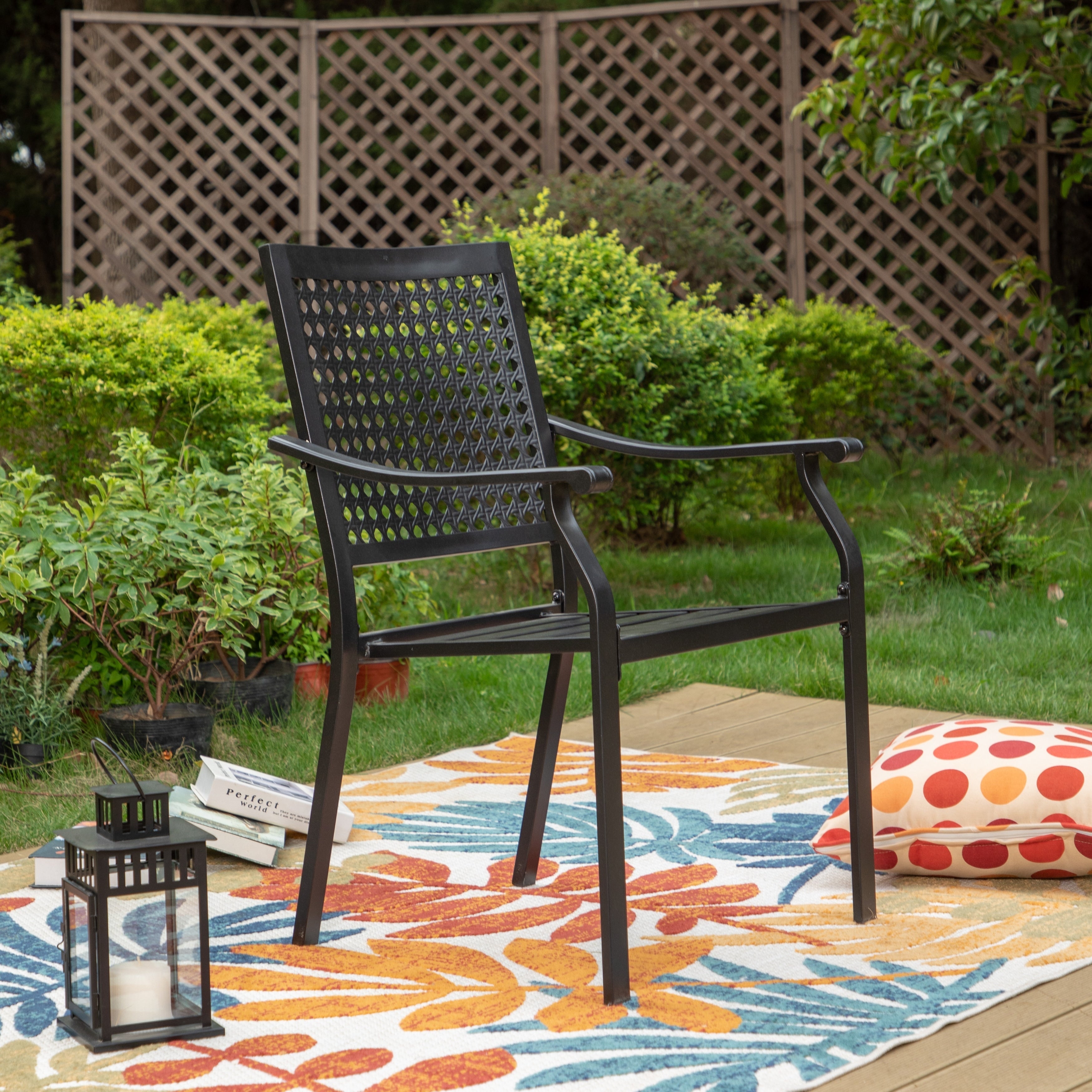 Ensemble de salle à manger de patio 7 pièces avec revêtement en métal E-coating, comprenant 6 chaises à dossier amélioré et une table en métal avec trou pour parasol