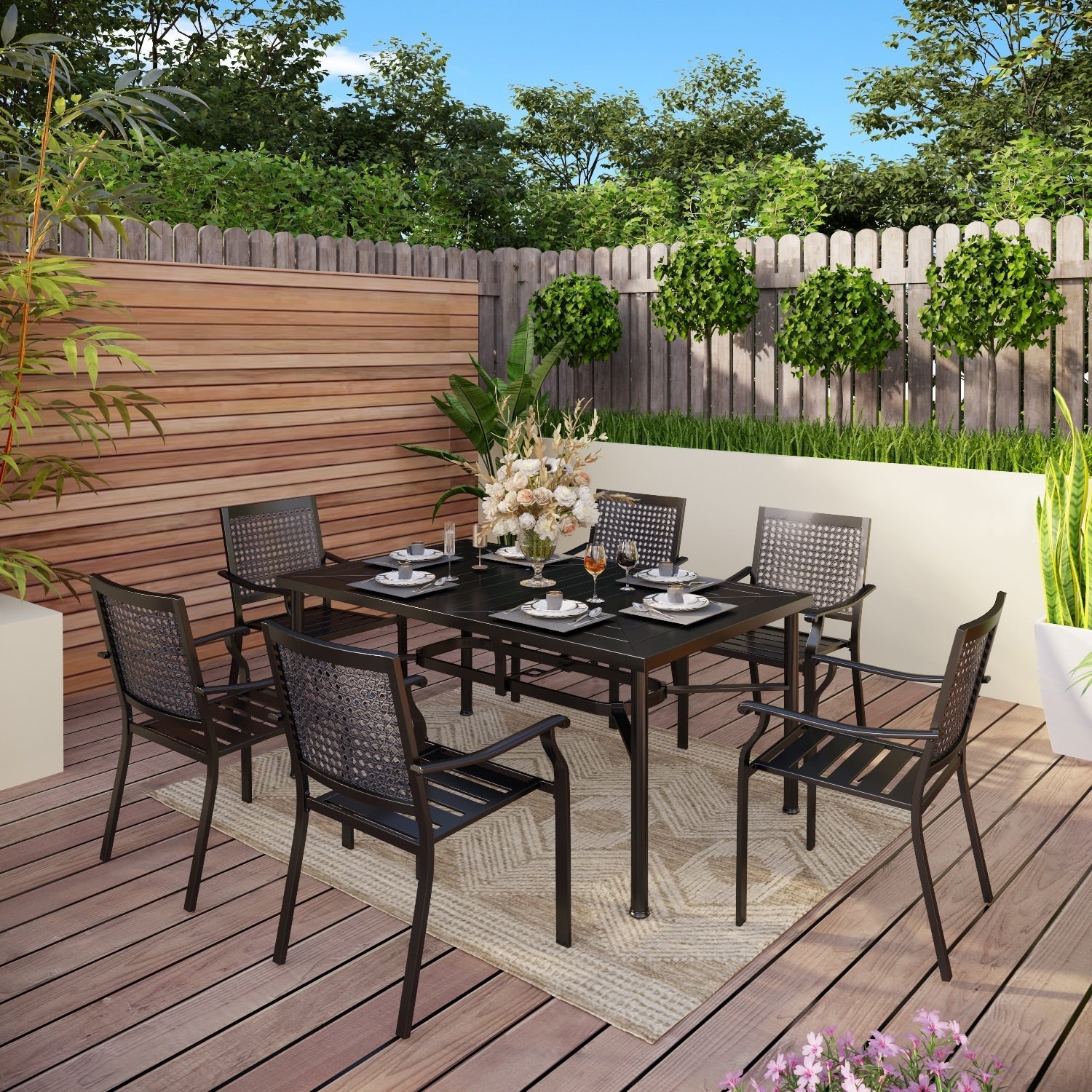 Ensemble de salle à manger de patio 7 pièces avec revêtement en métal E-coating, comprenant 6 chaises à dossier amélioré et une table en métal avec trou pour parasol