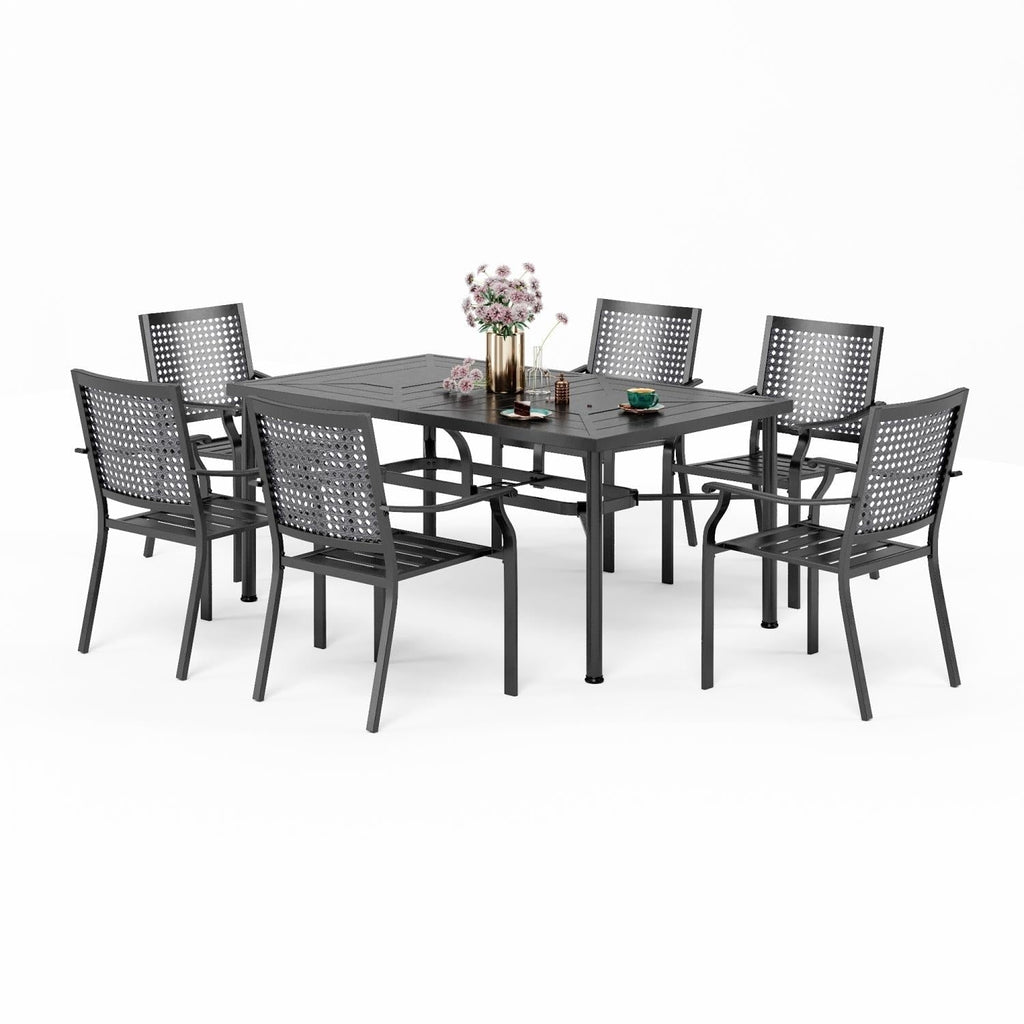 Ensemble de salle à manger de patio 7 pièces avec revêtement en métal E-coating, comprenant 6 chaises à dossier amélioré et une table en métal avec trou pour parasol