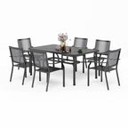Ensemble de salle à manger de patio 7 pièces avec revêtement en métal E-coating, comprenant 6 chaises à dossier amélioré et une table en métal avec trou pour parasol