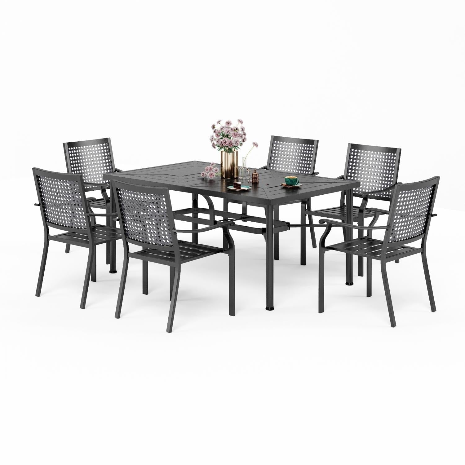 Ensemble de salle à manger de patio 7 pièces avec revêtement en métal E-coating, comprenant 6 chaises à dossier amélioré et une table en métal avec trou pour parasol