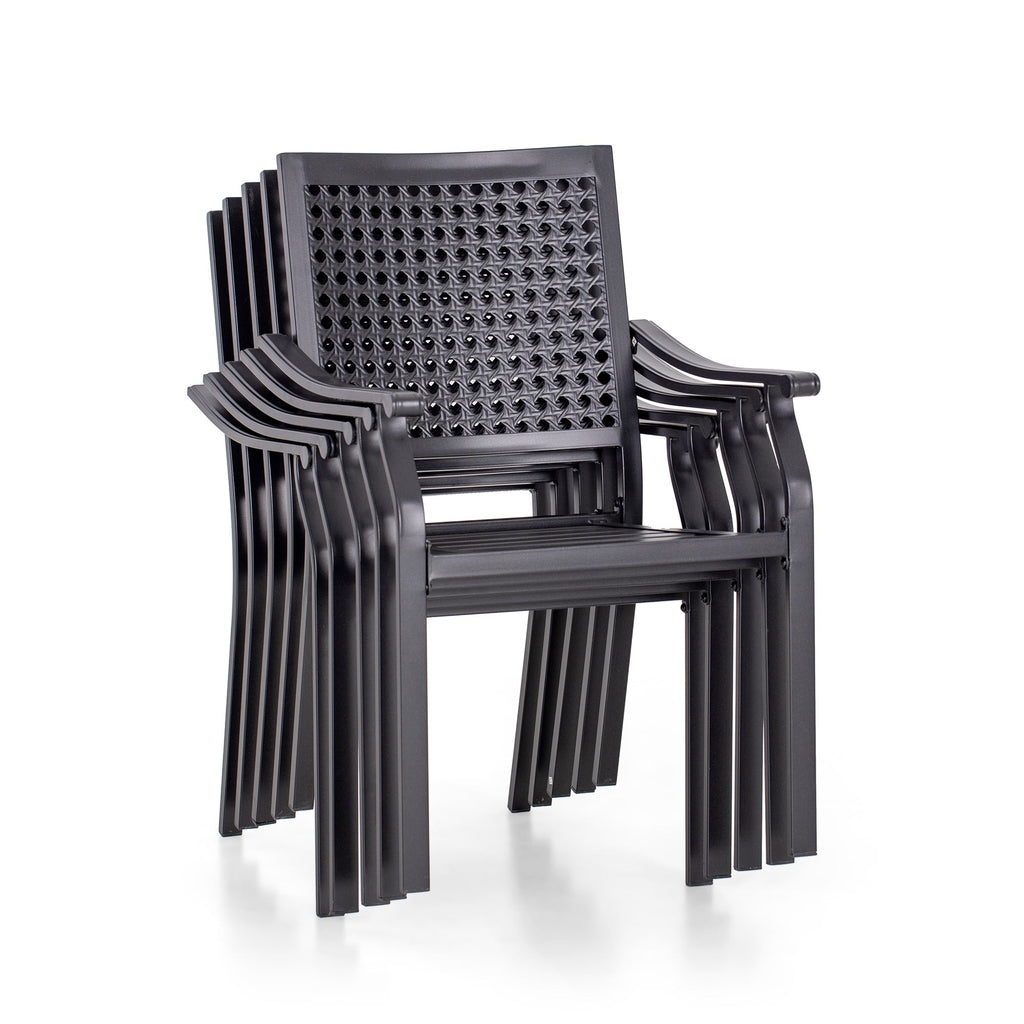 Ensemble de salle à manger de patio 7 pièces avec revêtement en métal E-coating, comprenant 6 chaises à dossier amélioré et une table en métal avec trou pour parasol