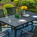 Ensemble de salle à manger de patio 7 pièces avec revêtement en métal E-coating, comprenant 6 chaises à dossier amélioré et une table en métal avec trou pour parasol