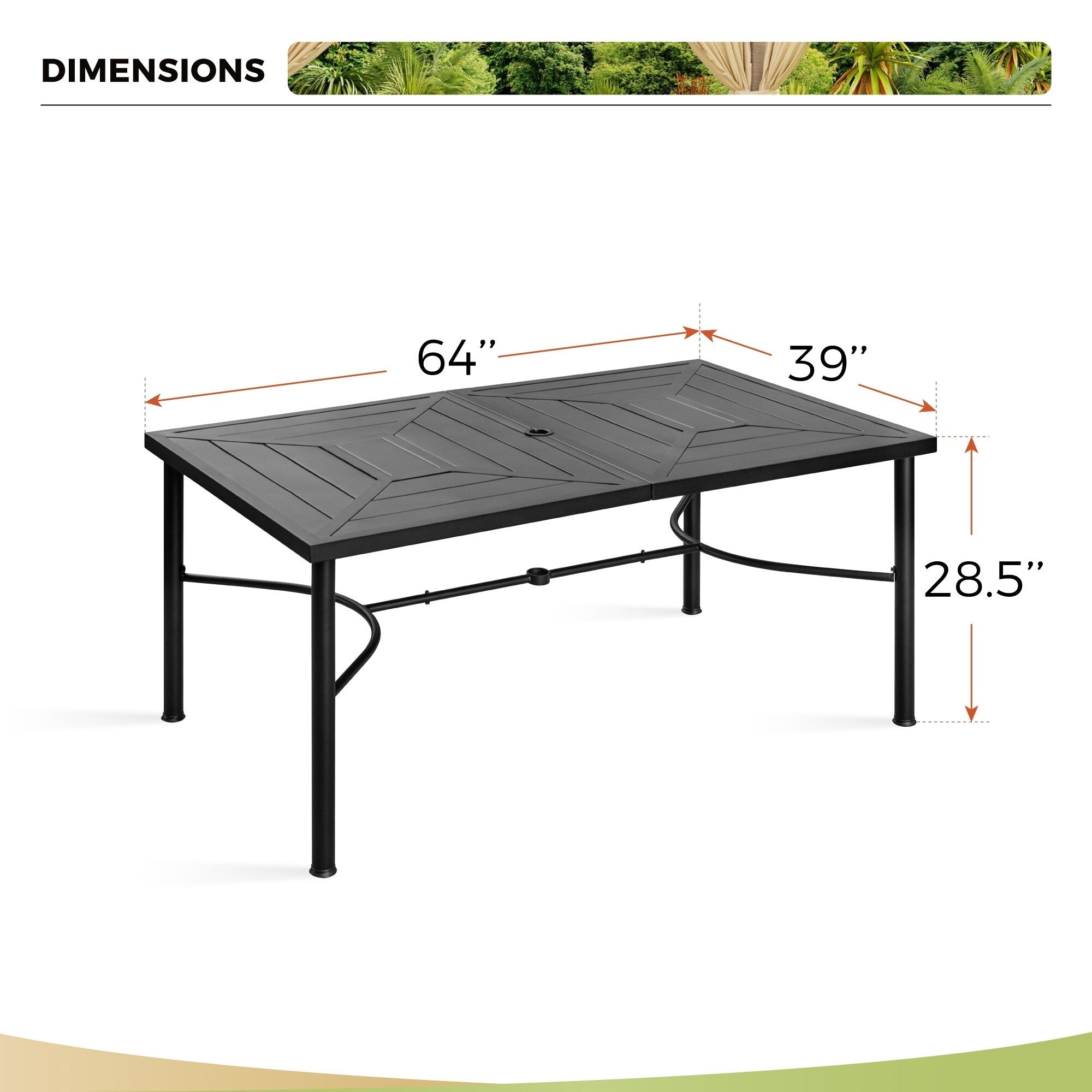 Ensemble de salle à manger de patio 7 pièces avec revêtement en métal E-coating, comprenant 6 chaises à dossier amélioré et une table en métal avec trou pour parasol