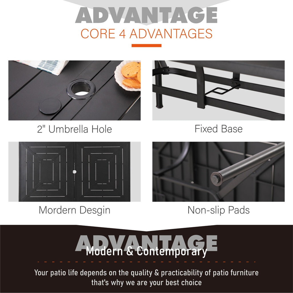 Ensemble de salle à manger de patio 7 pièces avec revêtement en métal E-coating, comprenant 6 chaises à dossier amélioré et une table en métal avec trou pour parasol