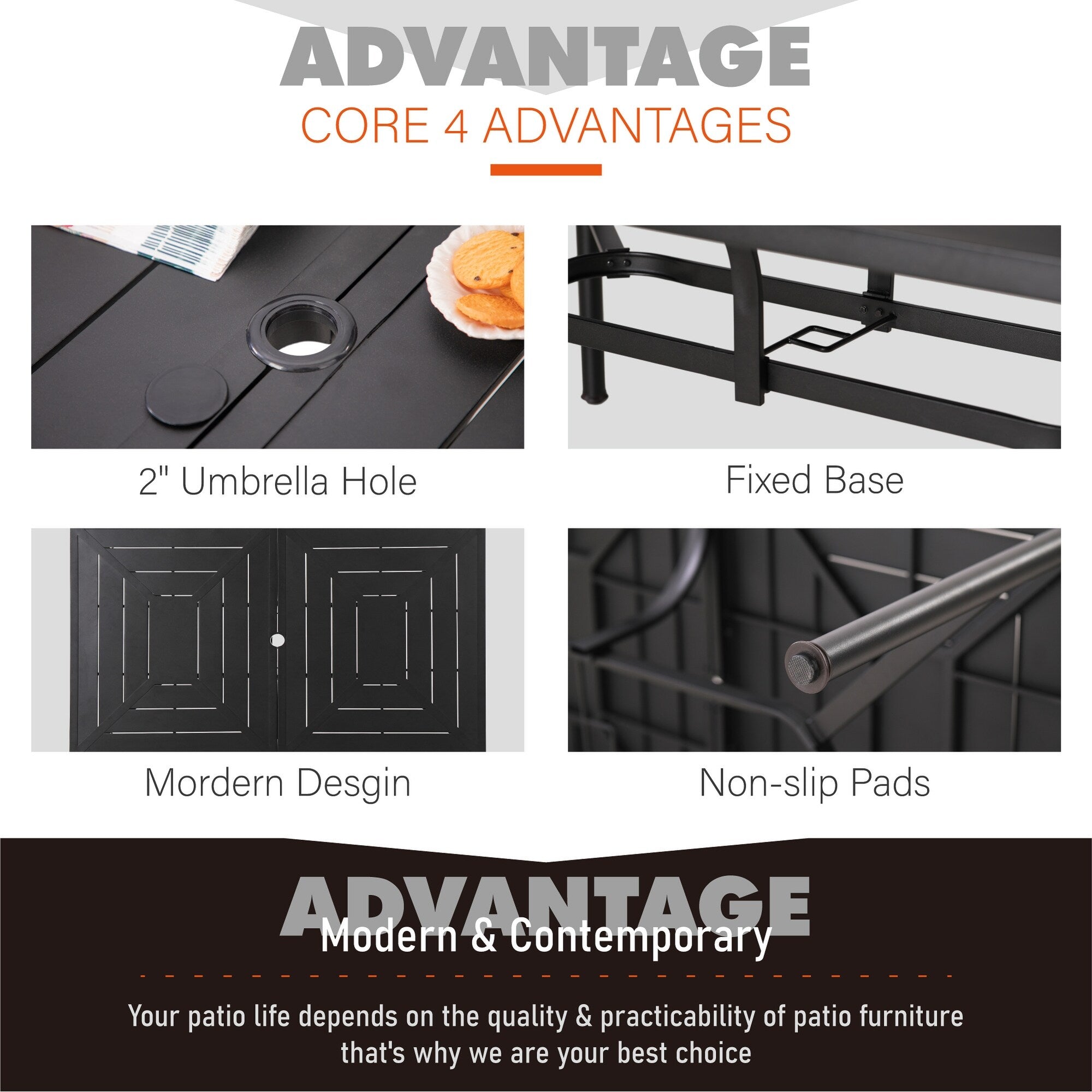 Ensemble de salle à manger de patio 7 pièces avec revêtement en métal E-coating, comprenant 6 chaises à dossier amélioré et une table en métal avec trou pour parasol