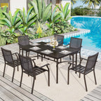 Ensemble de salle à manger de patio 7 pièces avec revêtement en métal E-coating, comprenant 6 chaises à dossier amélioré et une table en métal avec trou pour parasol