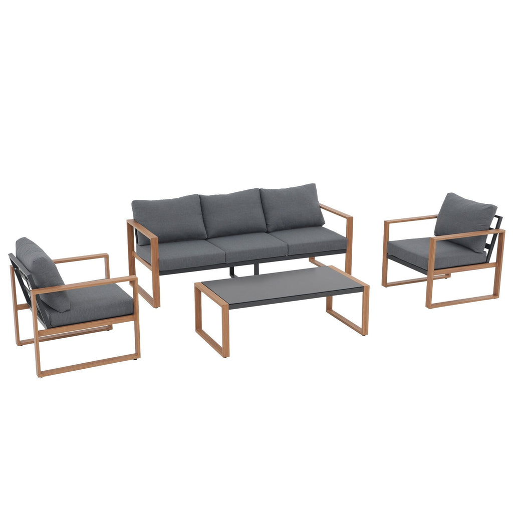 Ensemble de salon de jardin 4 pièces en aluminium gris pour 5 personnes avec coussins et table en verre trempé
