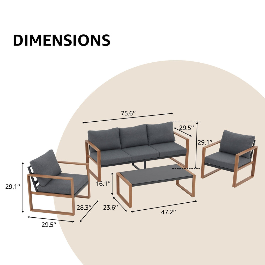 Ensemble de salon de jardin 4 pièces en aluminium gris pour 5 personnes avec coussins et table en verre trempé