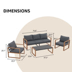Ensemble de salon de jardin 4 pièces en aluminium gris pour 5 personnes avec coussins et table en verre trempé
