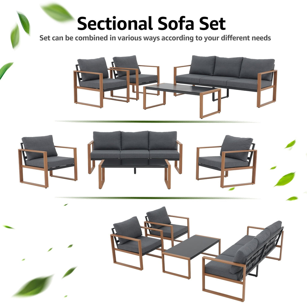 Ensemble de salon de jardin 4 pièces en aluminium gris pour 5 personnes avec coussins et table en verre trempé