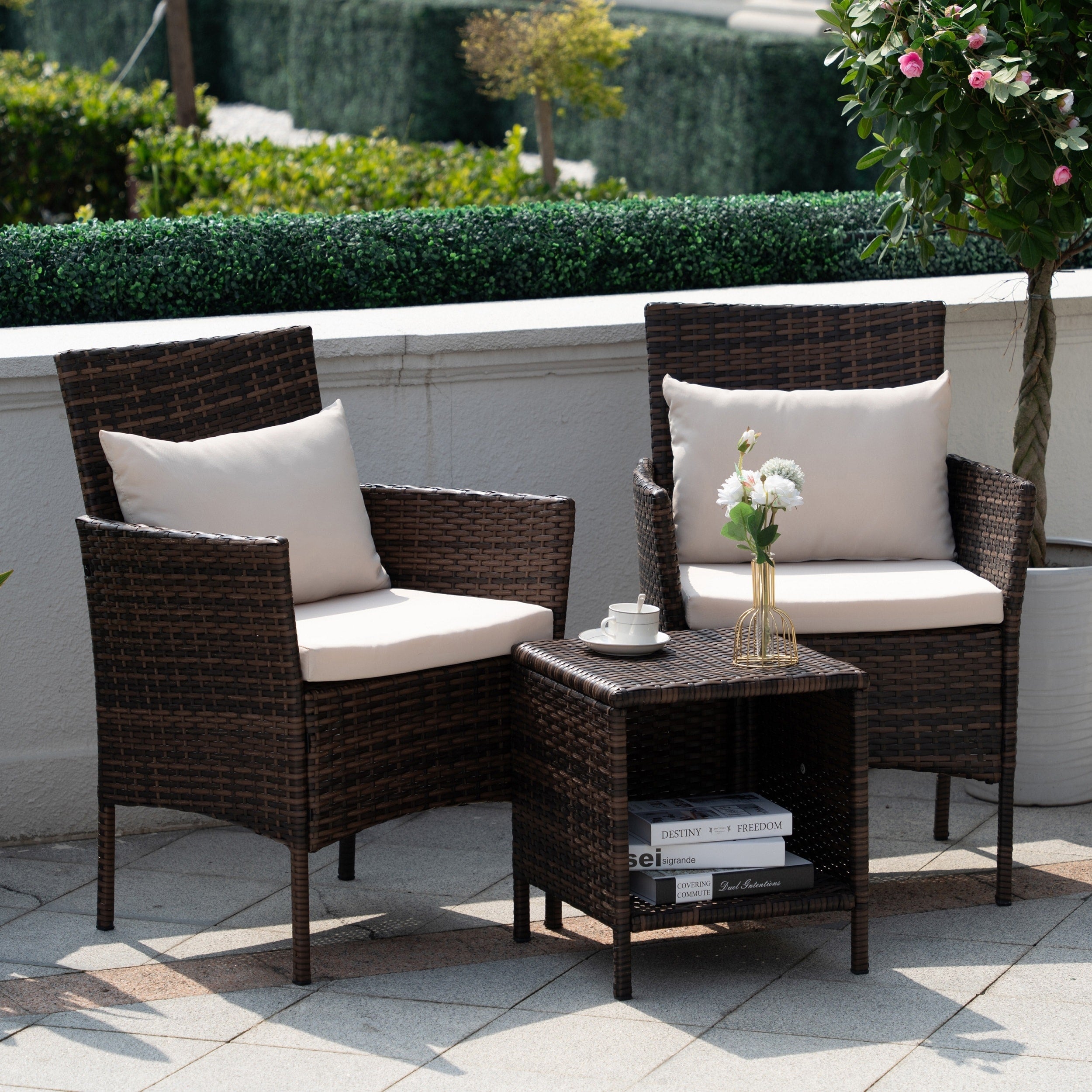 Ensemble de bistro de conversation de patio 3 pièces, meubles de conversation d'extérieur, chaises en osier et ensemble de table de rangement, ensemble de meubles de balcon de porche