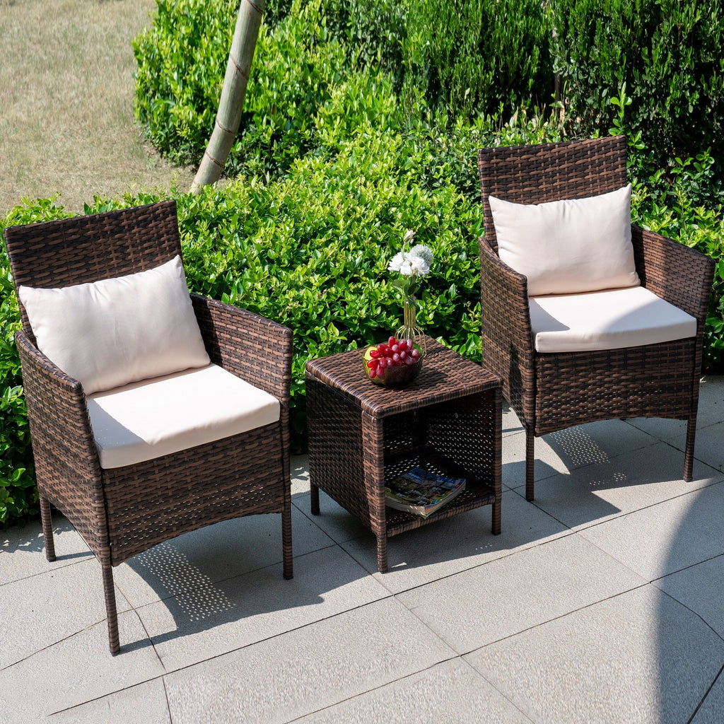 Ensemble de bistro de conversation de patio 3 pièces, meubles de conversation d'extérieur, chaises en osier et ensemble de table de rangement, ensemble de meubles de balcon de porche