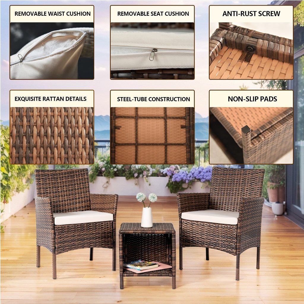 Ensemble de bistro de conversation de patio 3 pièces, meubles de conversation d'extérieur, chaises en osier et ensemble de table de rangement, ensemble de meubles de balcon de porche