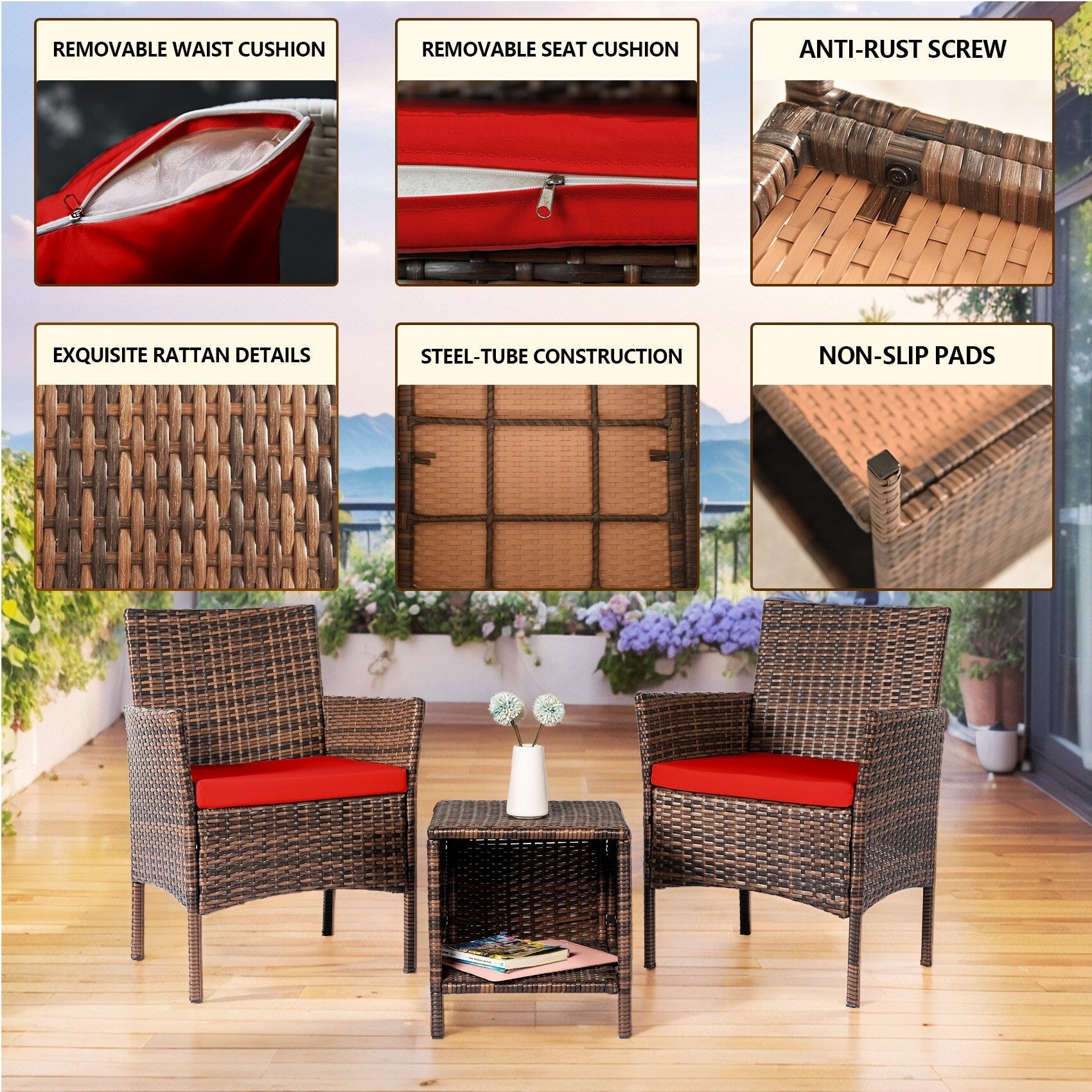 Ensemble de bistro de conversation de patio 3 pièces, meubles de conversation d'extérieur, chaises en osier et ensemble de table de rangement, ensemble de meubles de balcon de porche