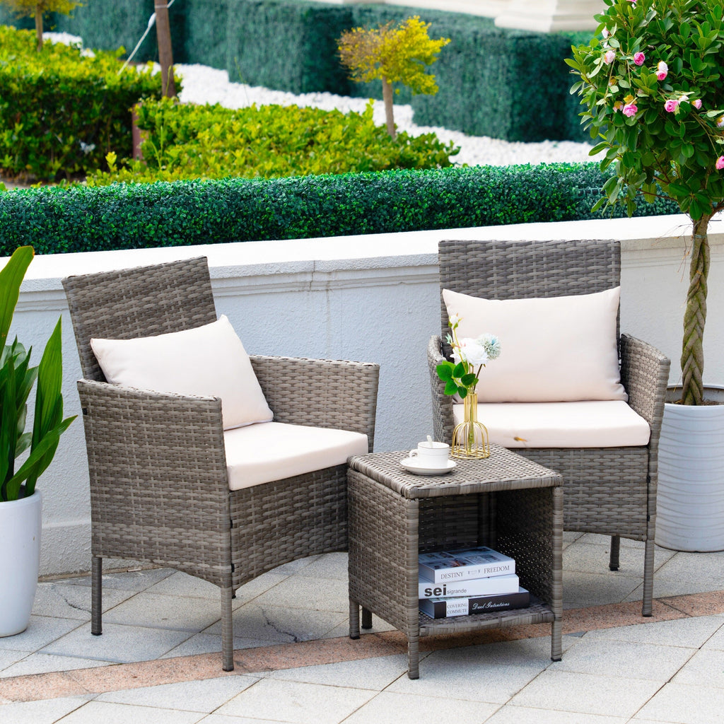 Ensemble de bistro de conversation de patio 3 pièces, meubles de conversation d'extérieur, chaises en osier et ensemble de table de rangement, ensemble de meubles de balcon de porche