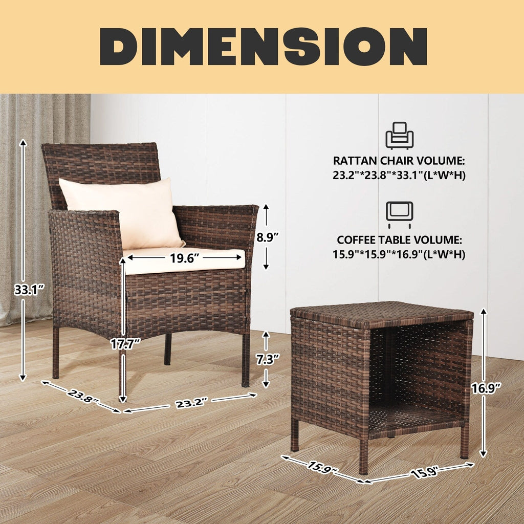 Ensemble de bistro de conversation de patio 3 pièces, meubles de conversation d'extérieur, chaises en osier et ensemble de table de rangement, ensemble de meubles de balcon de porche