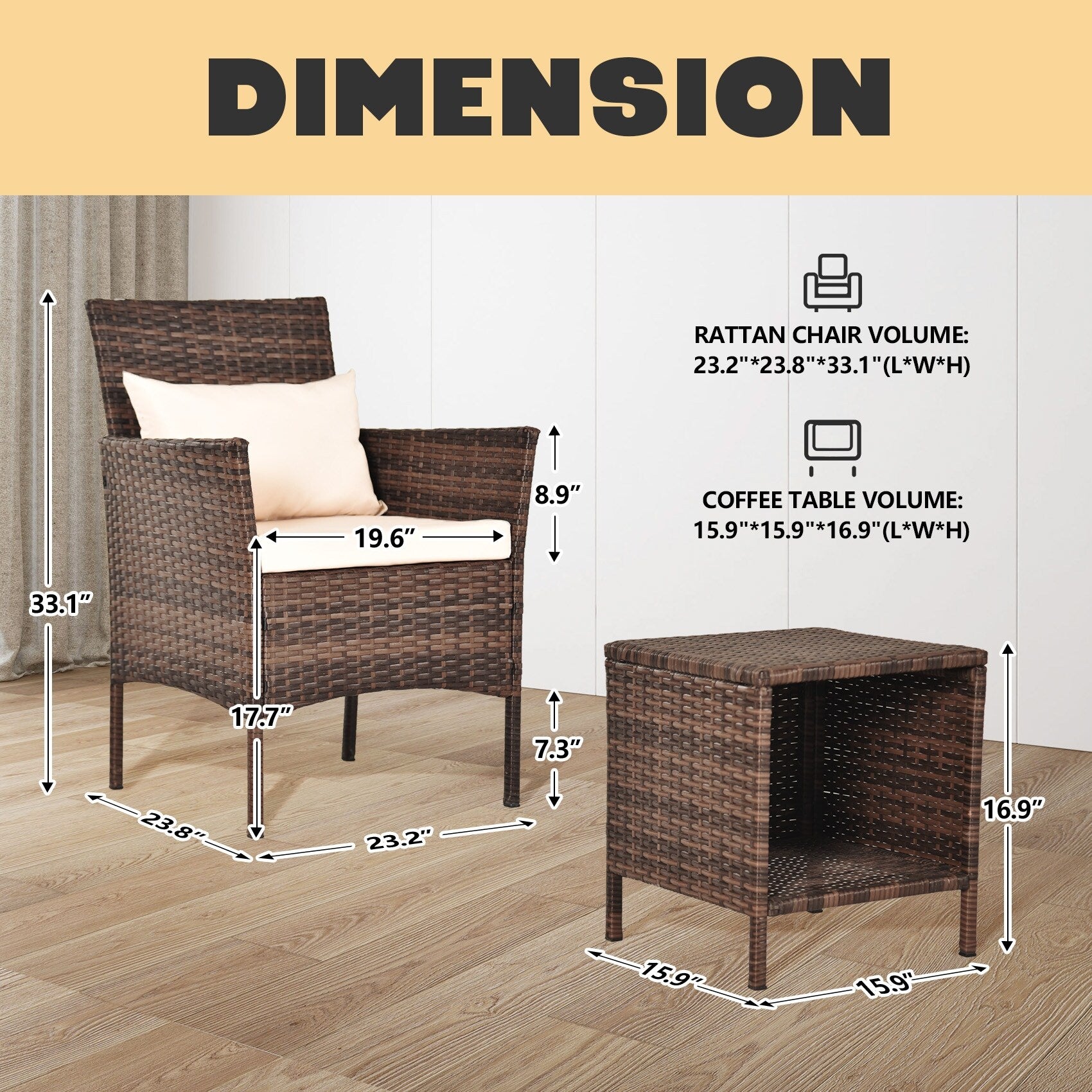 Ensemble de bistro de conversation de patio 3 pièces, meubles de conversation d'extérieur, chaises en osier et ensemble de table de rangement, ensemble de meubles de balcon de porche