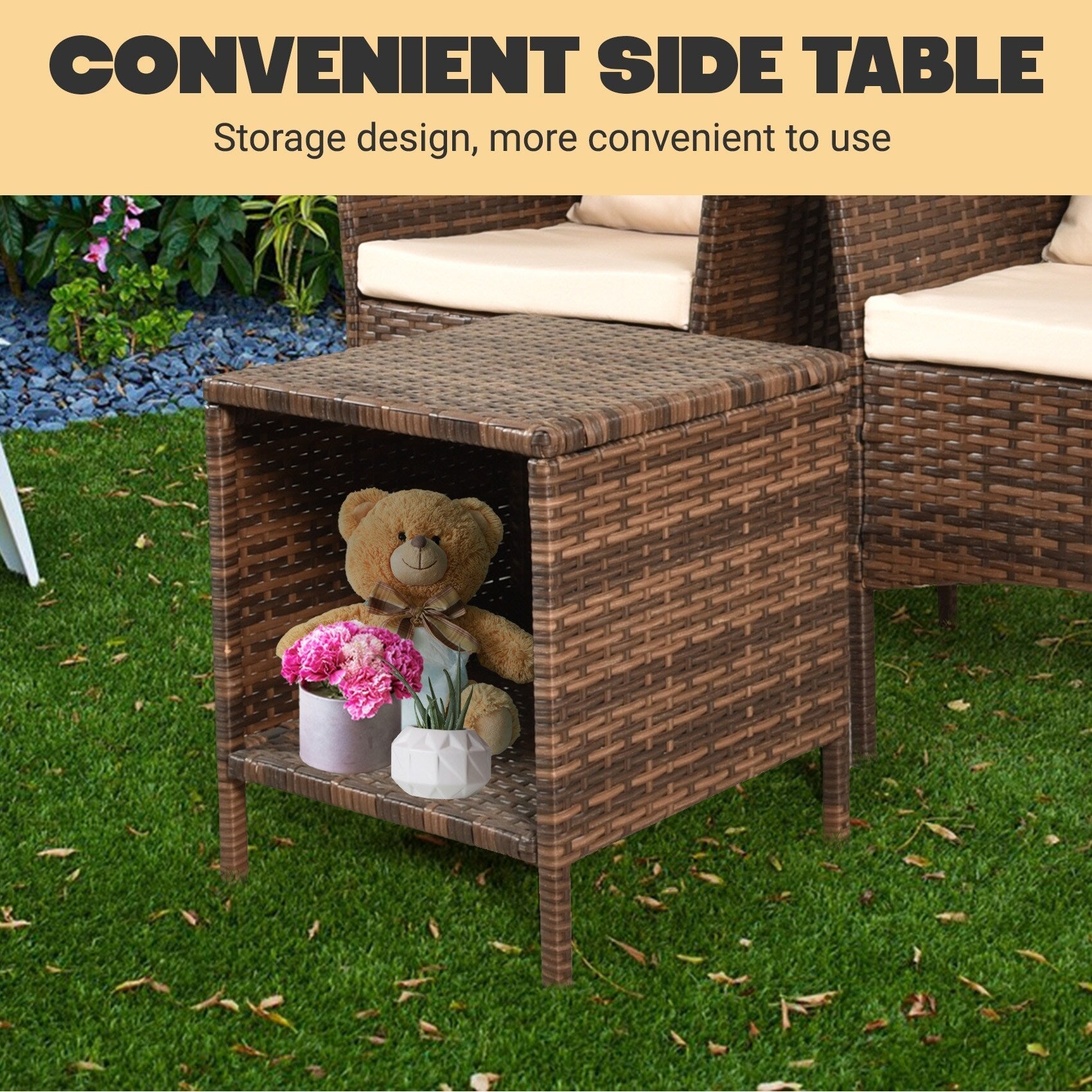 Ensemble de bistro de conversation de patio 3 pièces, meubles de conversation d'extérieur, chaises en osier et ensemble de table de rangement, ensemble de meubles de balcon de porche