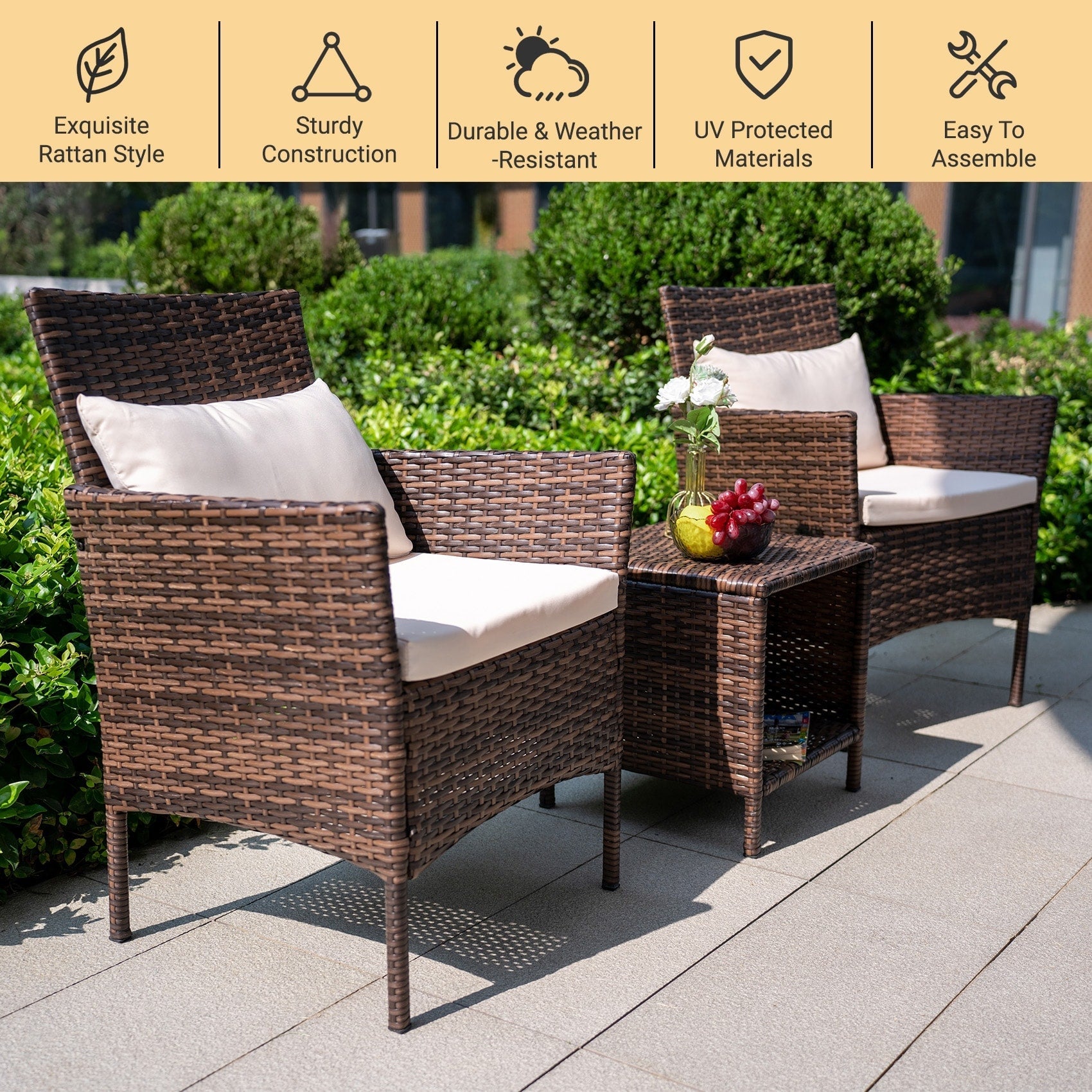 Ensemble de bistro de conversation de patio 3 pièces, meubles de conversation d'extérieur, chaises en osier et ensemble de table de rangement, ensemble de meubles de balcon de porche