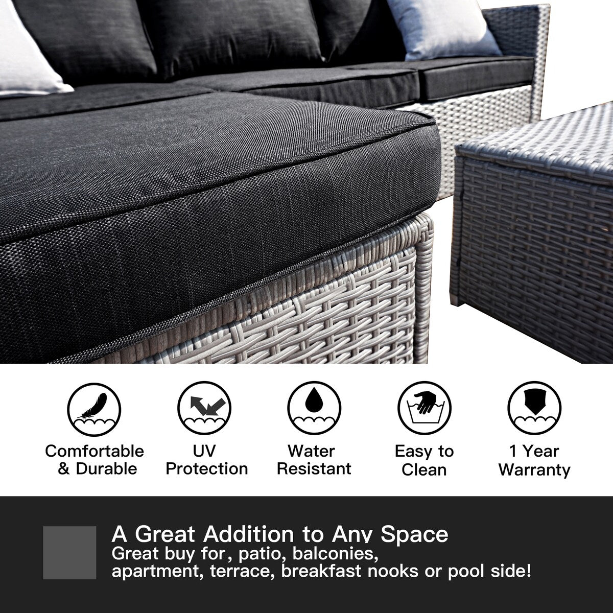 Ensemble de salon de jardin 3 pièces en osier résistant aux intempéries, beige