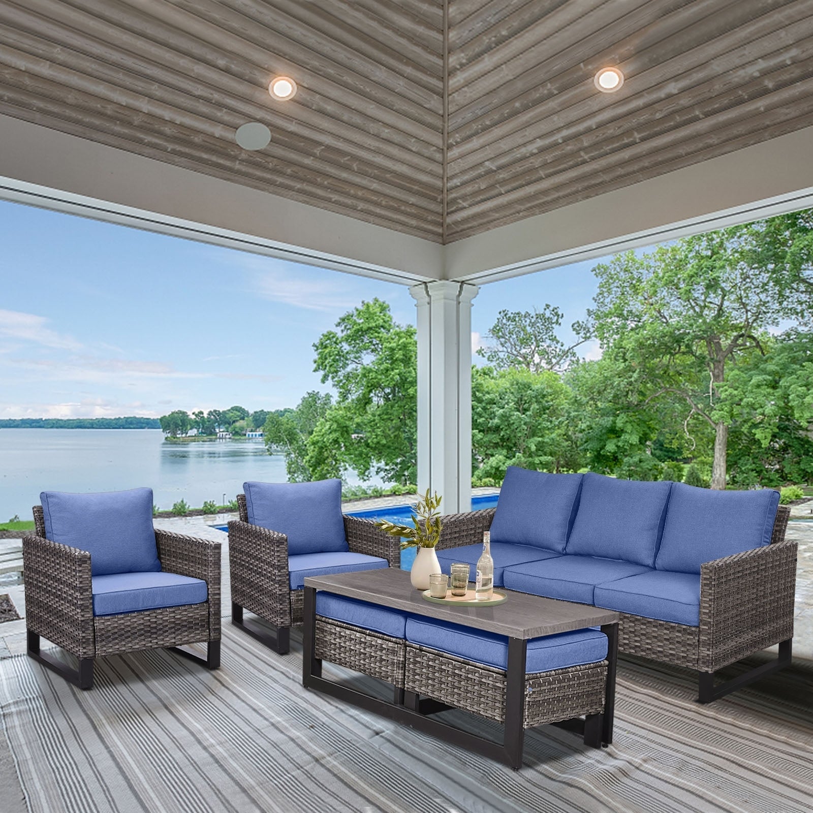 Ensemble de canapé d'extérieur 6 pièces avec chaise et pouf