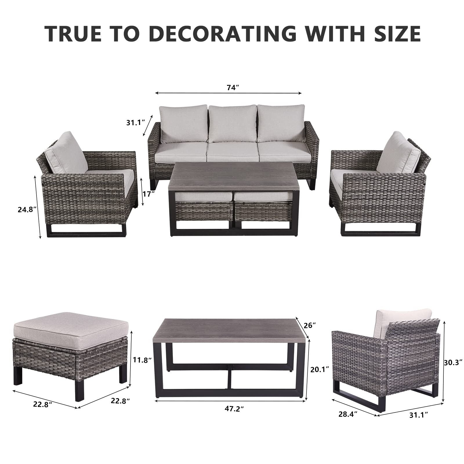 Ensemble de canapé d'extérieur 6 pièces avec chaise et pouf