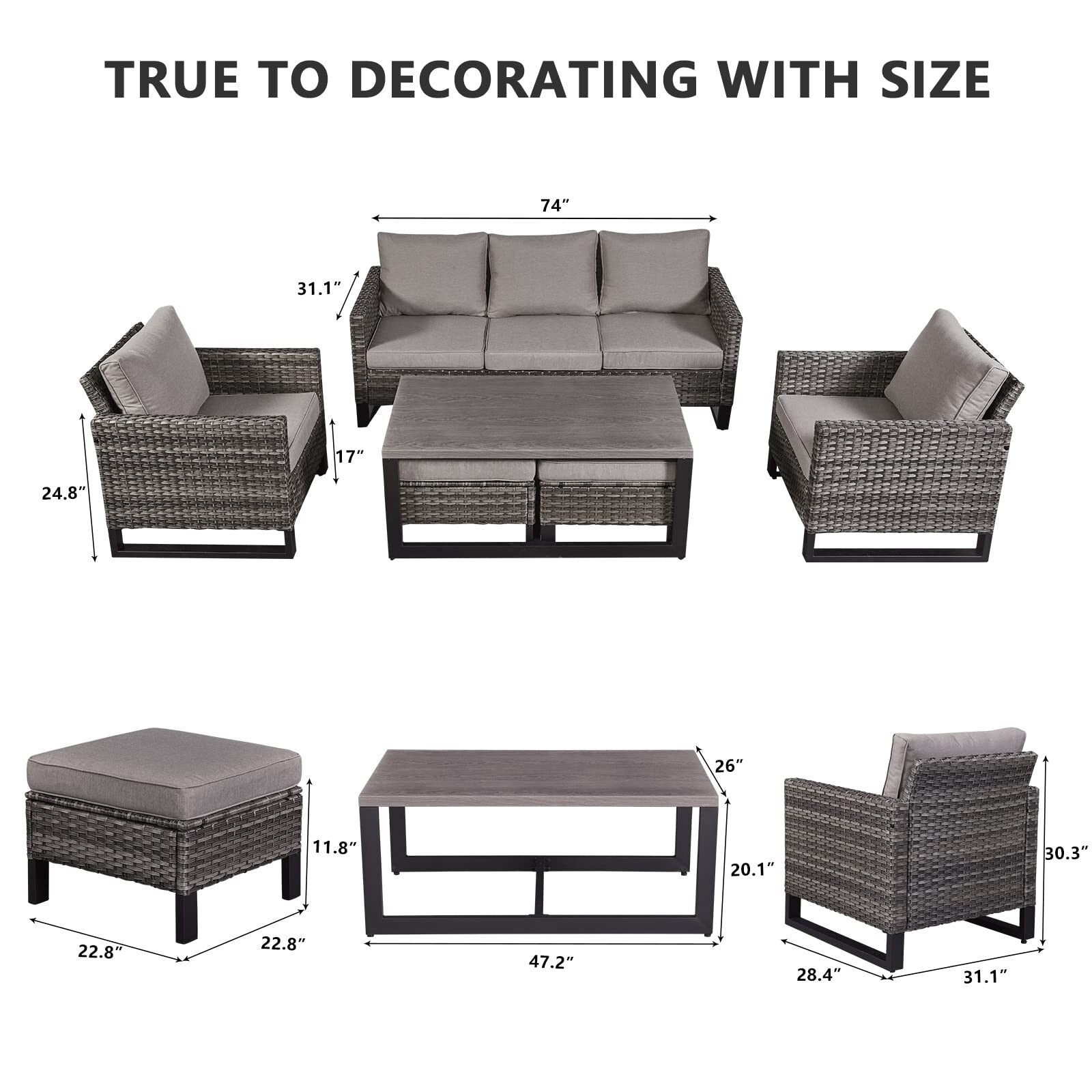 Ensemble de canapé d'extérieur 6 pièces avec chaise et pouf