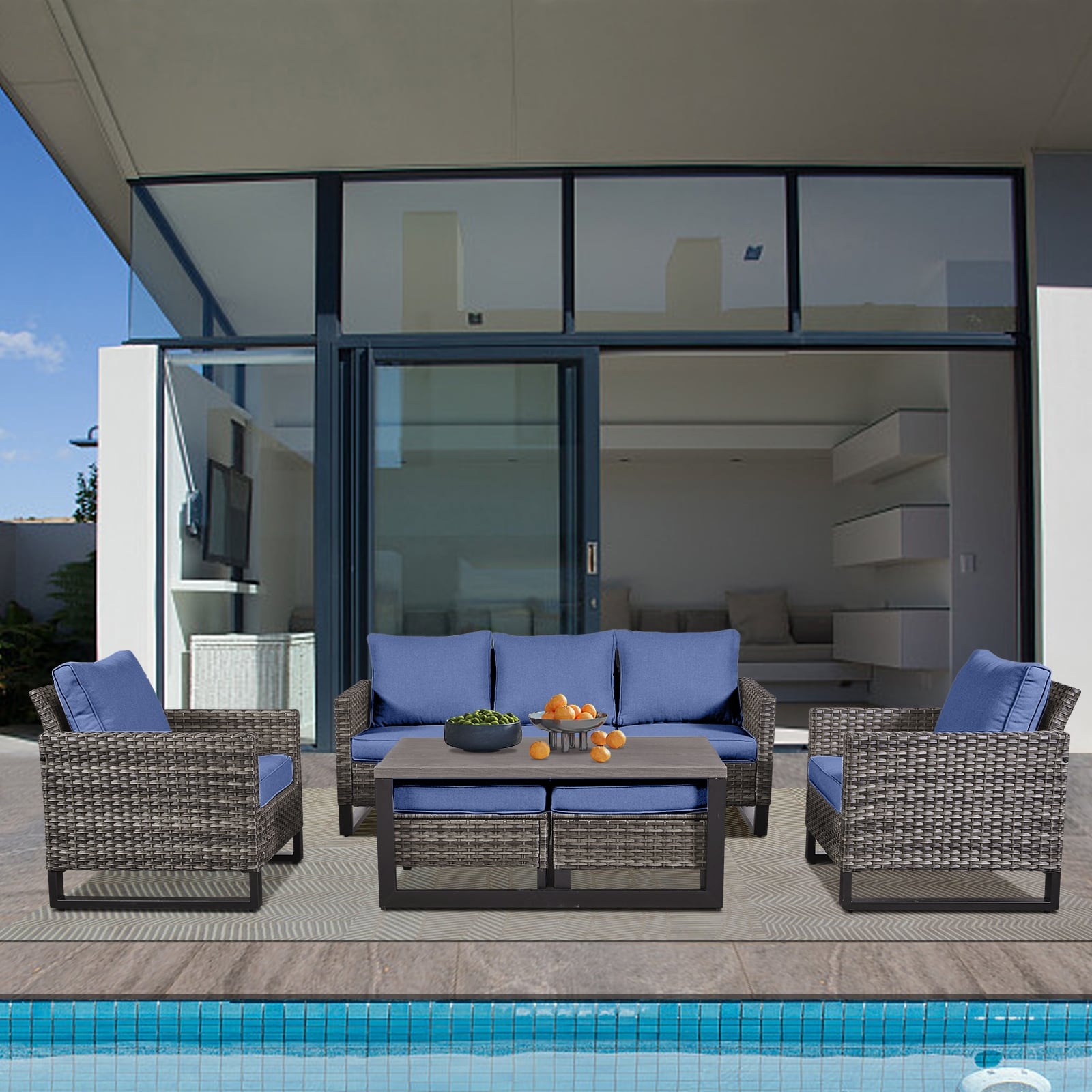 Ensemble de canapé d'extérieur 6 pièces avec chaise et pouf