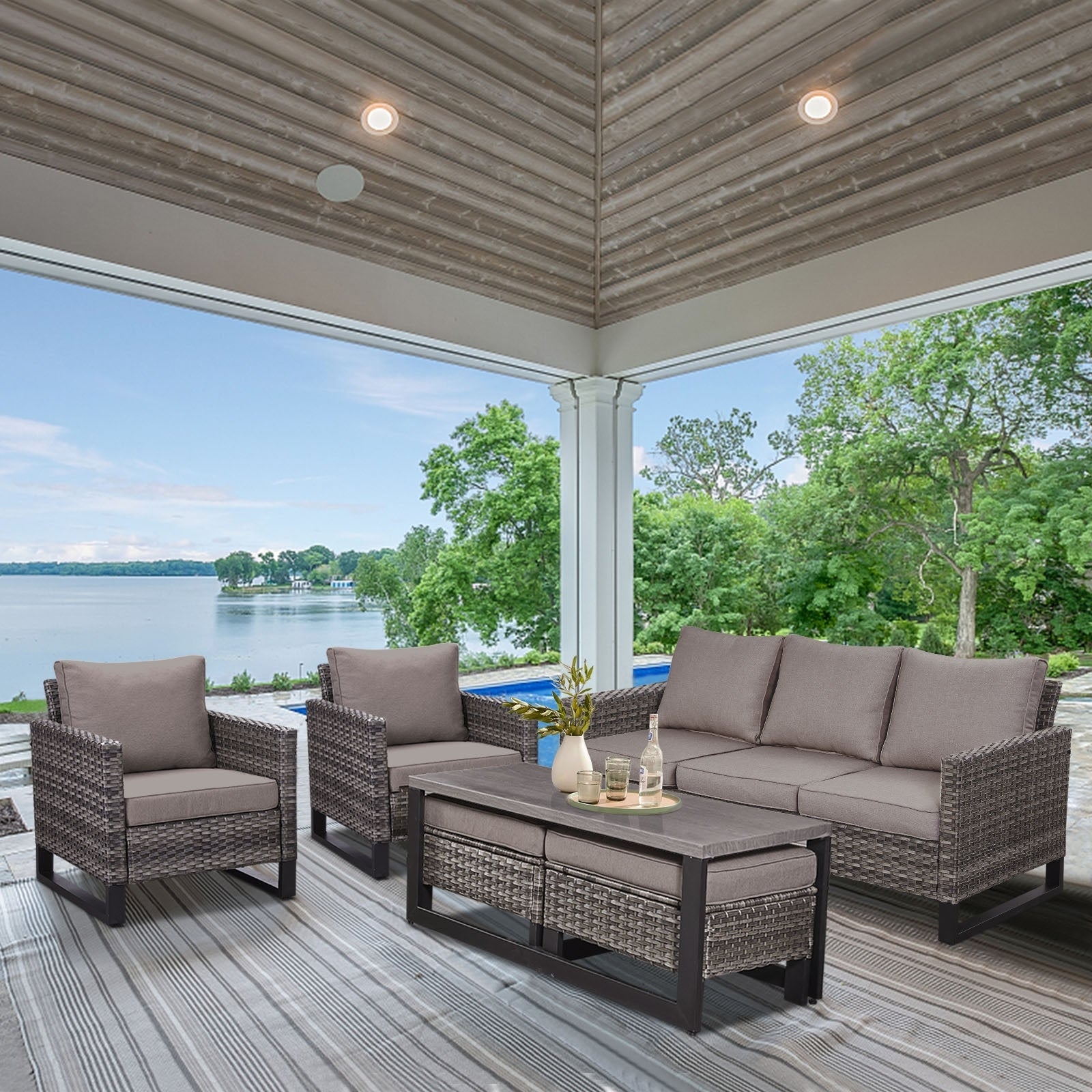 Ensemble de canapé d'extérieur 6 pièces avec chaise et pouf