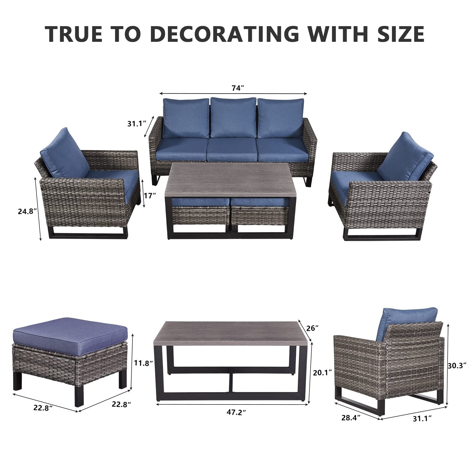 Ensemble de canapé d'extérieur 6 pièces avec chaise et pouf