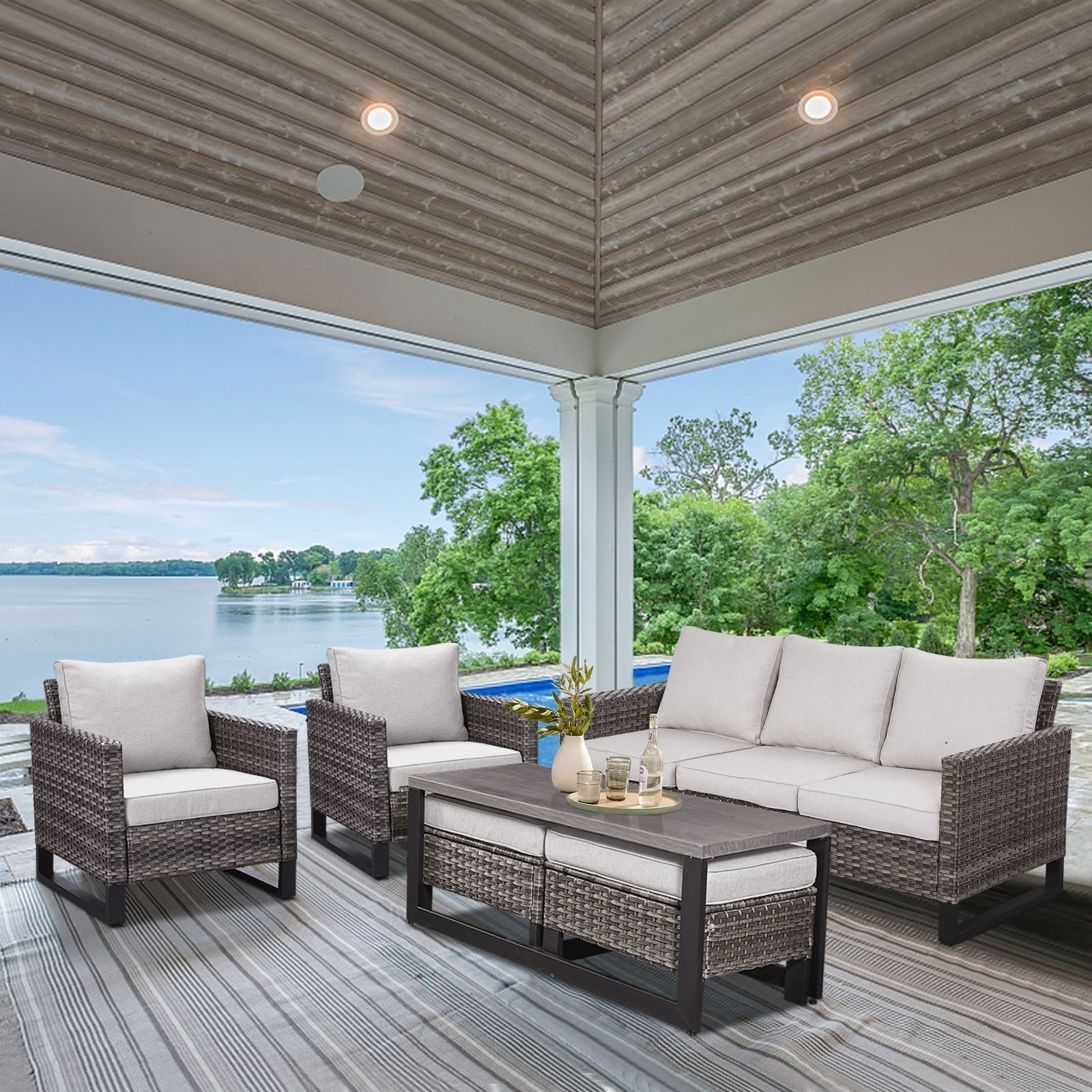 Ensemble de canapé d'extérieur 6 pièces avec chaise et pouf