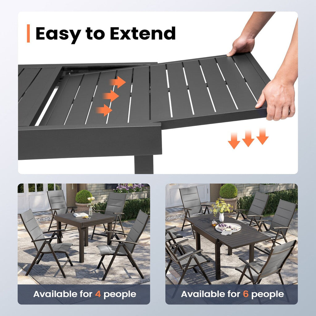 Ensemble de salle à manger de patio 3/5/7 pièces, table extensible en aluminium, chaise pliante rembourrée réglable