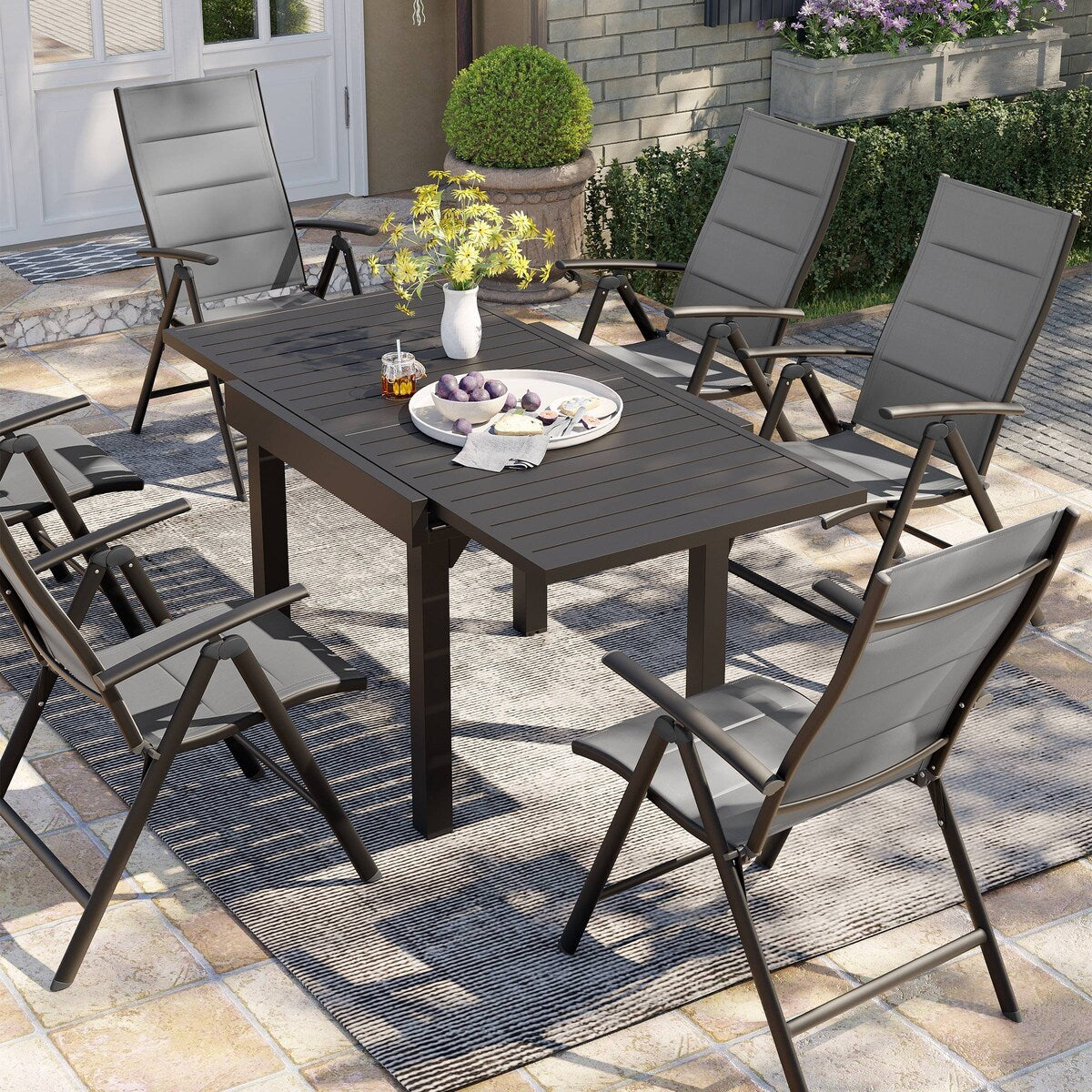 Ensemble de salle à manger de patio 3/5/7 pièces, table extensible en aluminium, chaise pliante rembourrée réglable