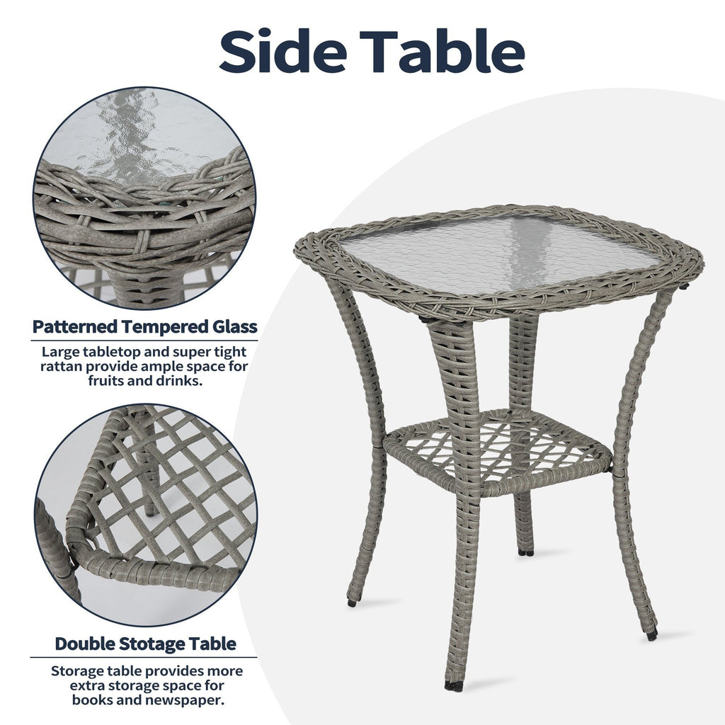 Ensemble de meubles de patio 3 pièces, ensemble bistrot pivotant d'extérieur avec chaises à bascule en osier et table basse en verre