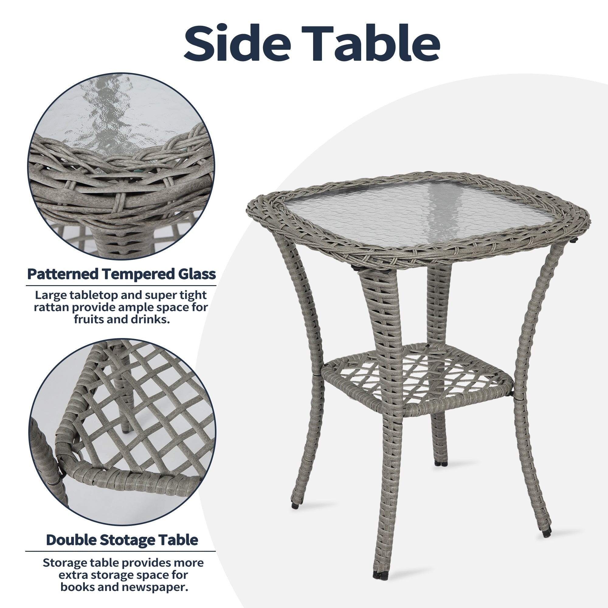 Ensemble de meubles de patio 3 pièces, ensemble bistrot pivotant d'extérieur avec chaises à bascule en osier et table basse en verre