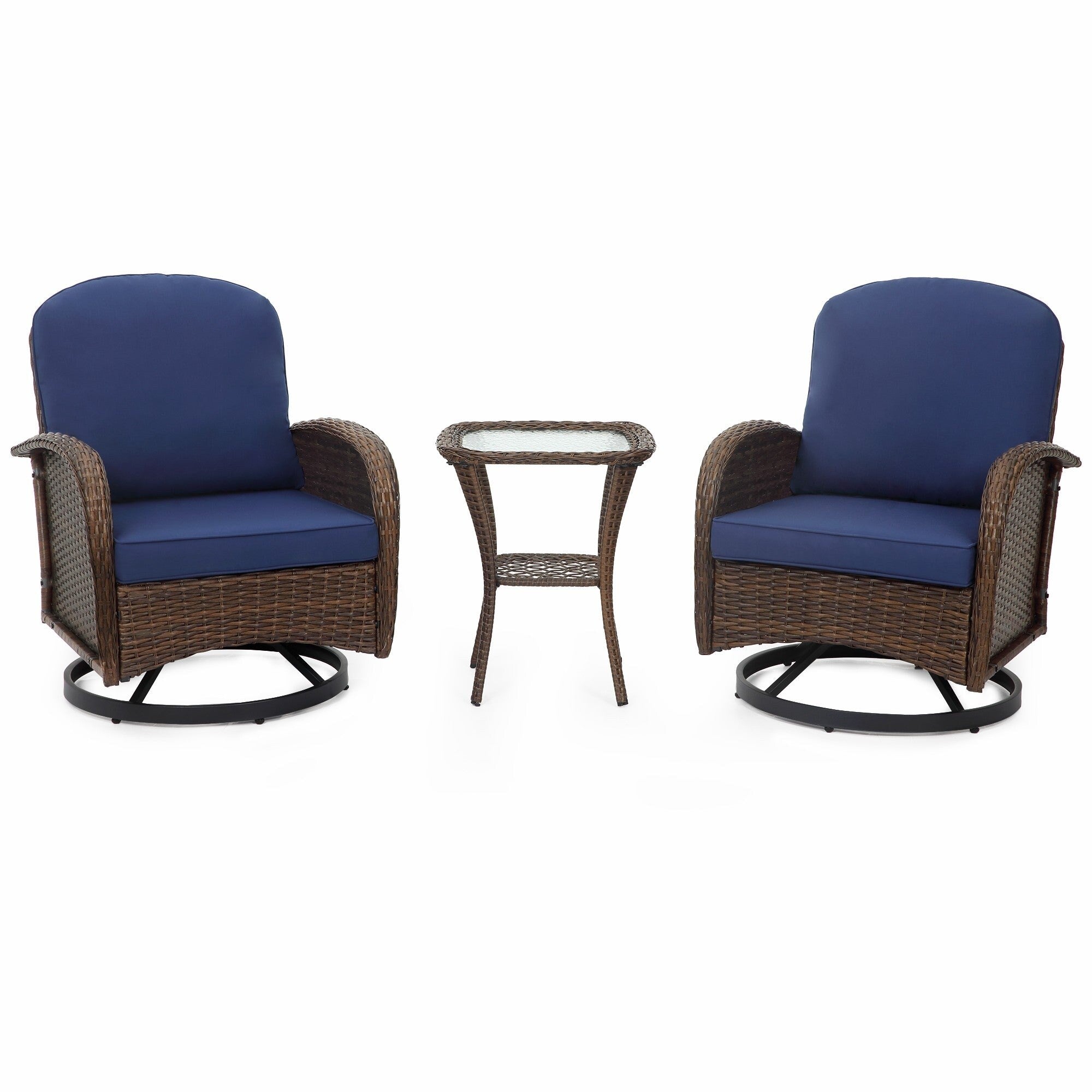 Ensemble de meubles de patio 3 pièces, ensemble bistrot pivotant d'extérieur avec chaises à bascule en osier et table basse en verre