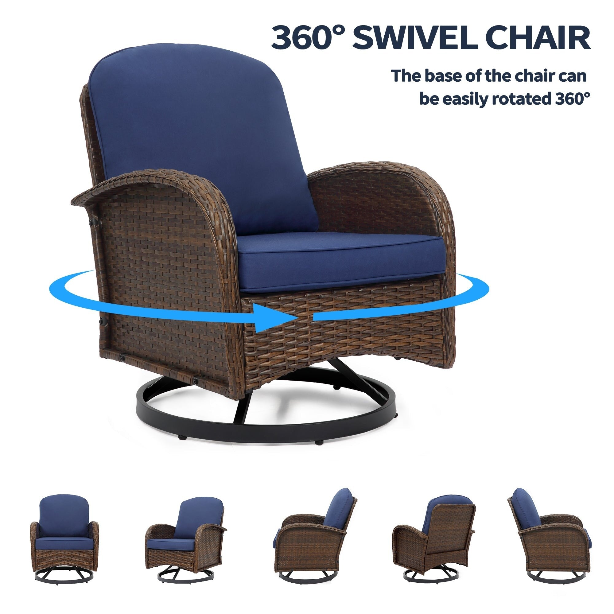 Ensemble de meubles de patio 3 pièces, ensemble bistrot pivotant d'extérieur avec chaises à bascule en osier et table basse en verre